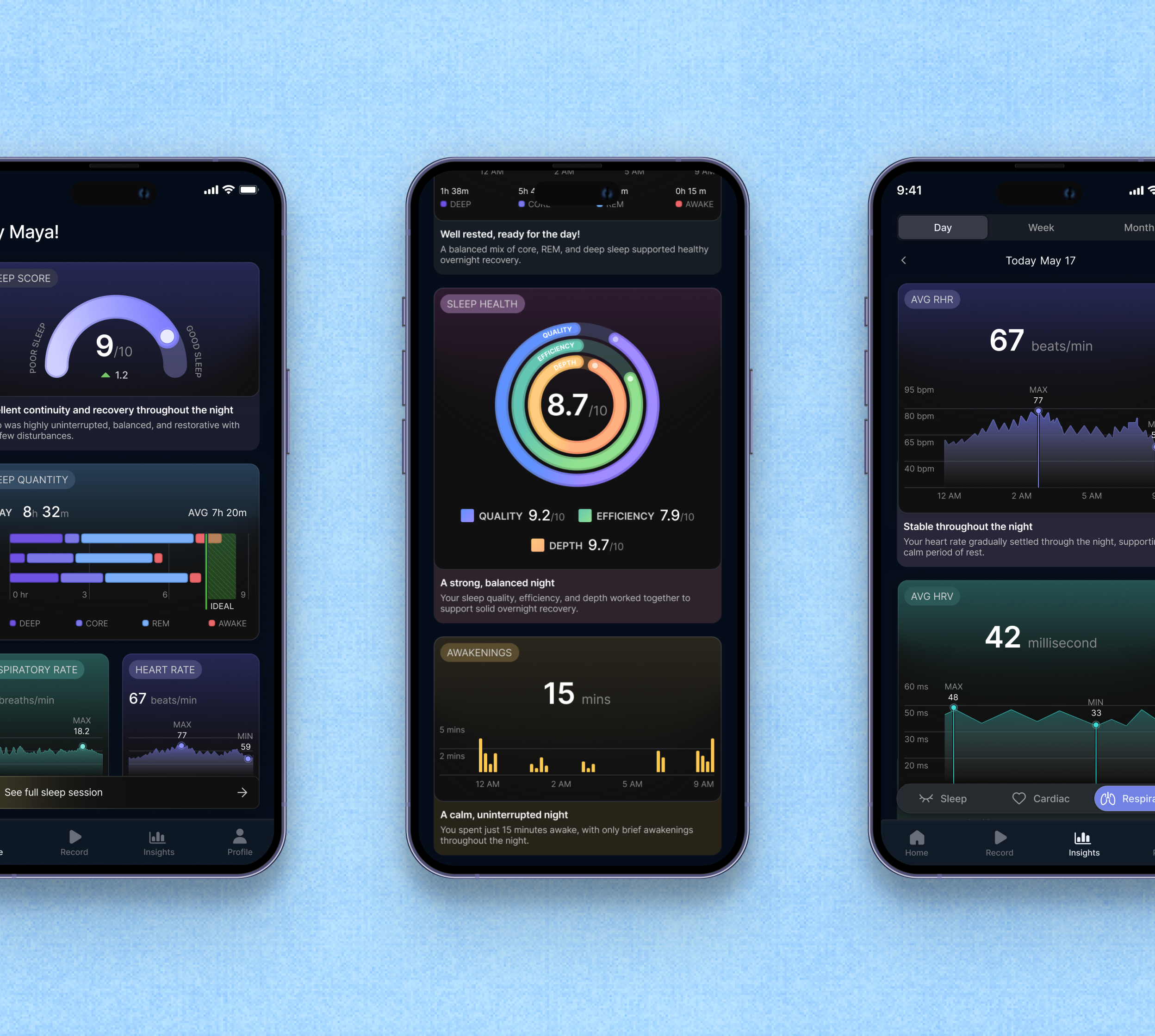 SleepFit mobile screens showing sleep insights