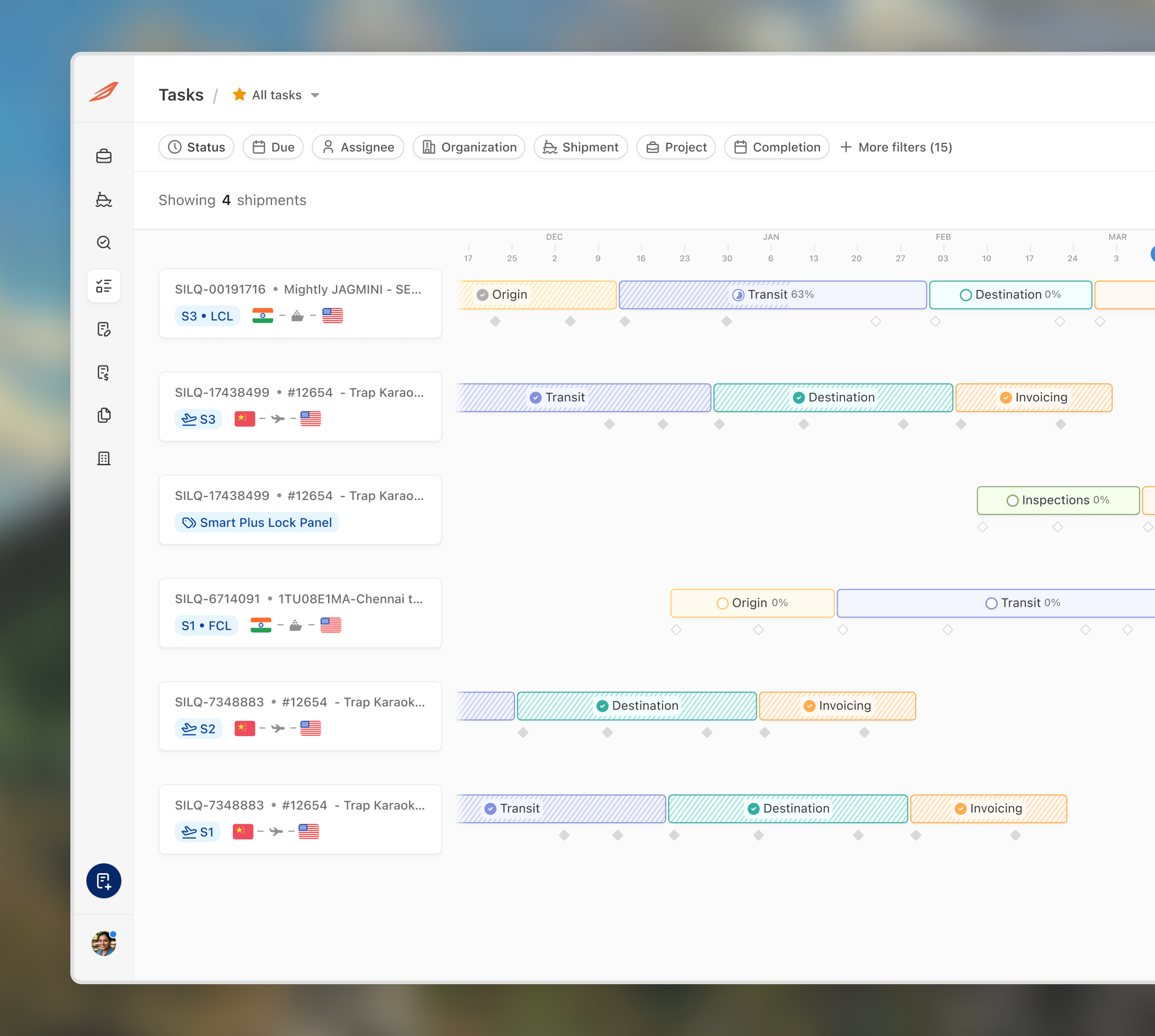 Silq Tasks interface with shipment timeline and filters